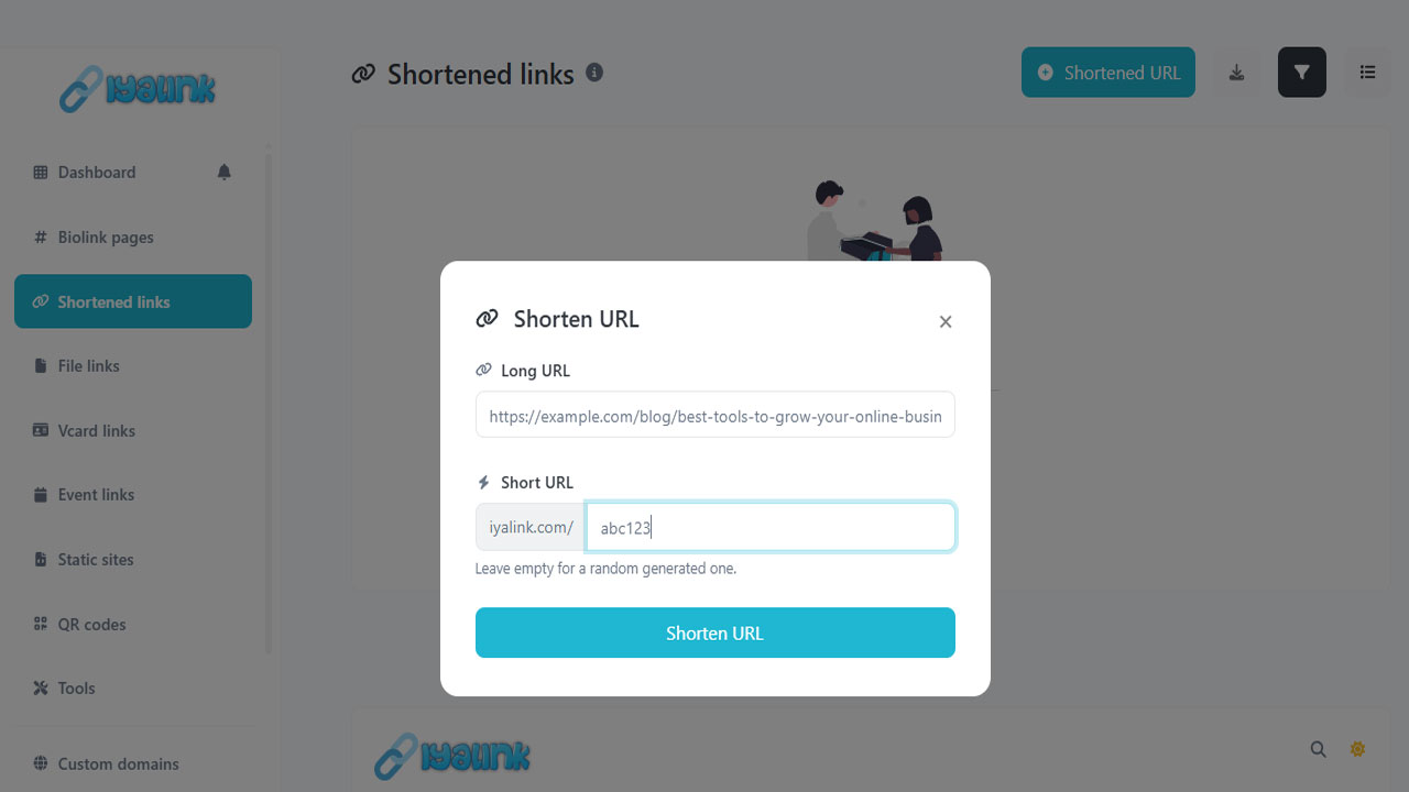 Illustration showing a user pasting a long URL into a browser and getting a shortened link with real-time click tracking stats on a dashboard — representing the simplicity and functionality of IyaLink.com.